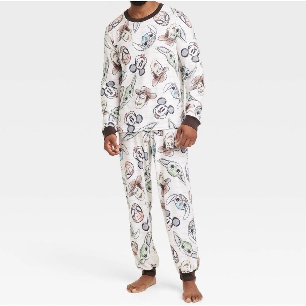 Disney Men's M 2-Piece Sleep Set White Disney 100 Character Sketch Print PJs NEW